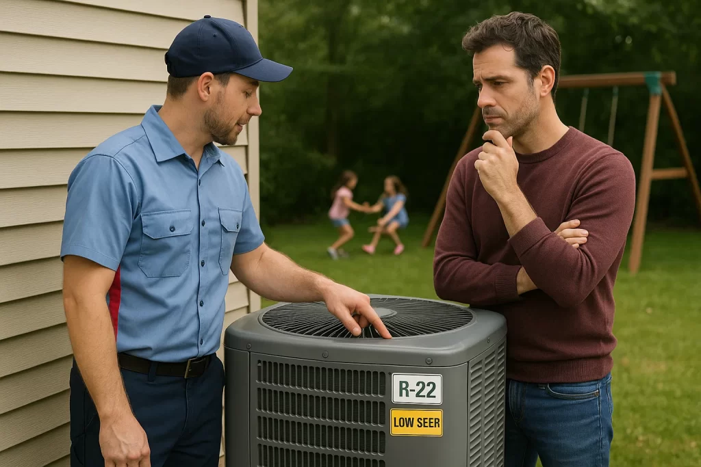 Technician inspecting outdoor unit refrigerant label and efficiency stickers with homeowner