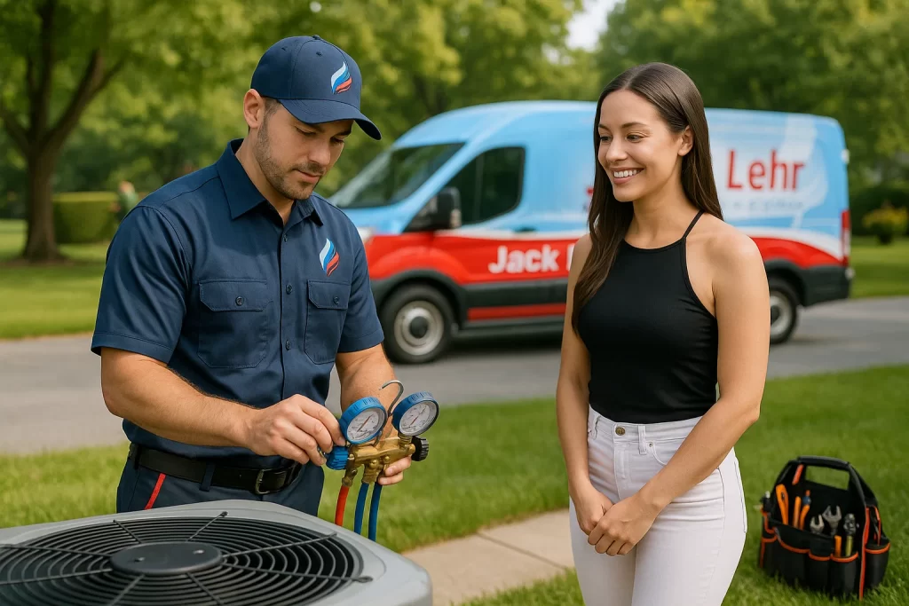 HVAC technician checking refrigerant on outdoor AC unit during summer heat